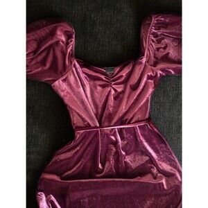 French Connection Plum Purple Velvet Puff Sleeve Mini Dress Smocked Back 6